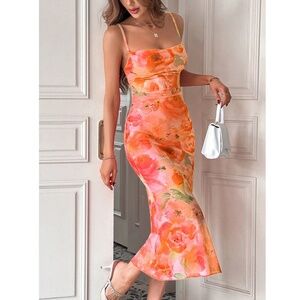 Orange Floral Rose Mesh Midi Dress Cami, Spaghetti Straps Lined, Stretchy